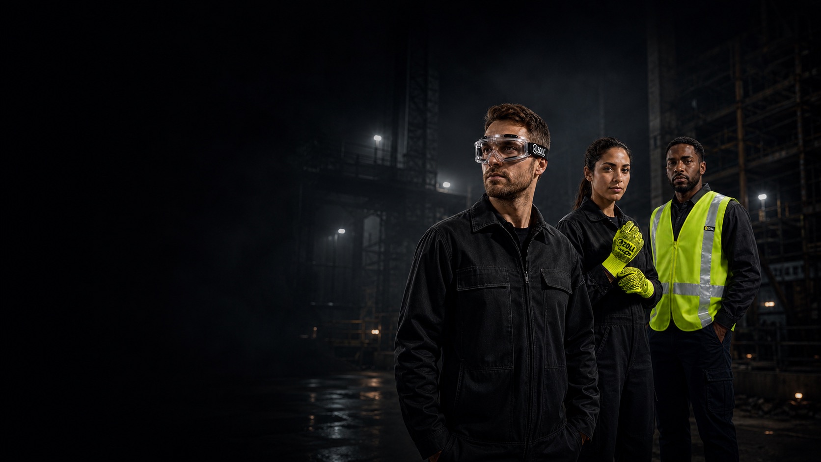 Trabajadores industriales usando productos ZOLL: monogafas, guantes RAZOR Hi-Viz y chaleco reflectivo en obra