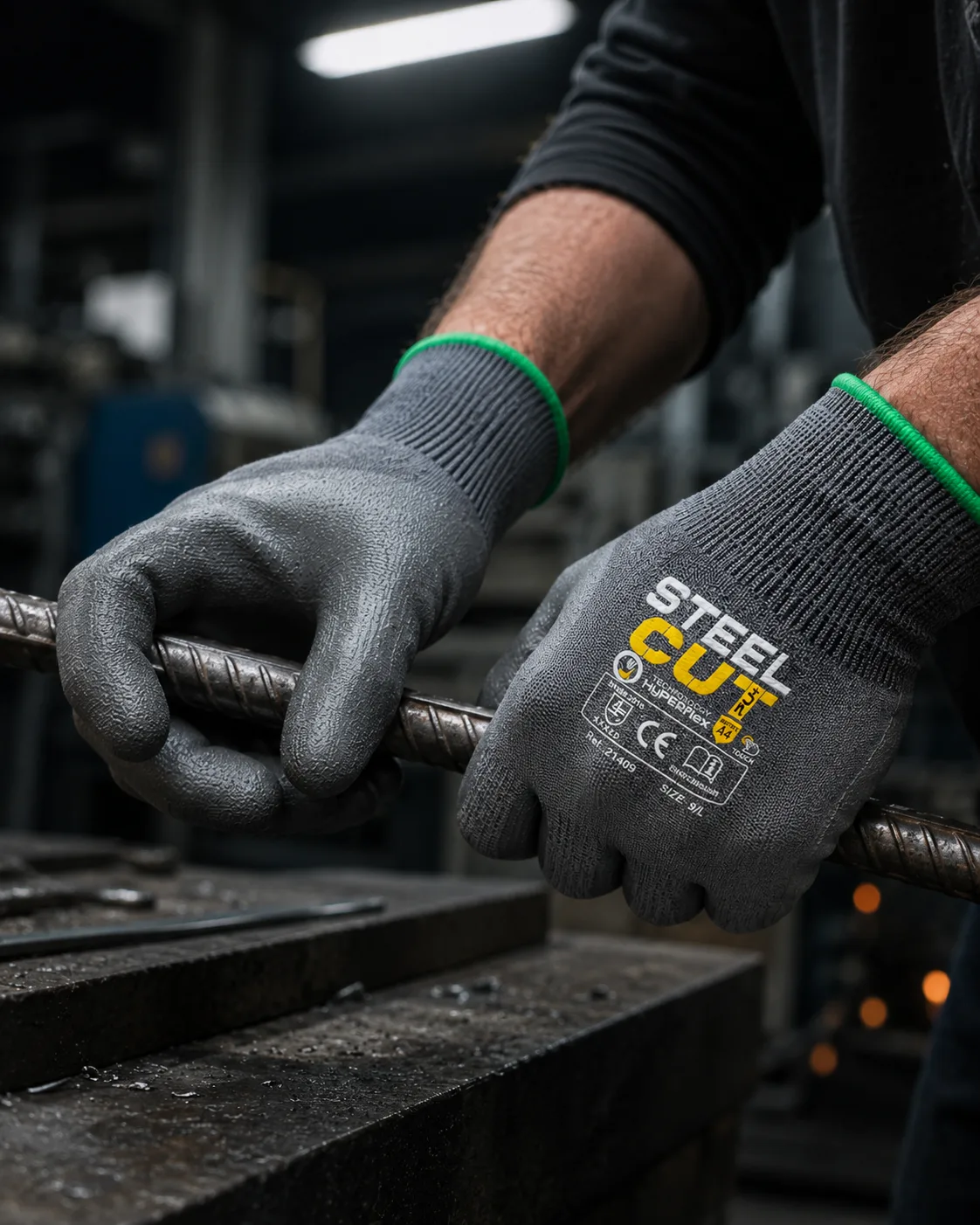 Operario sujetando varilla con guantes anticorte ZOLL Steel Cut en un taller industrial