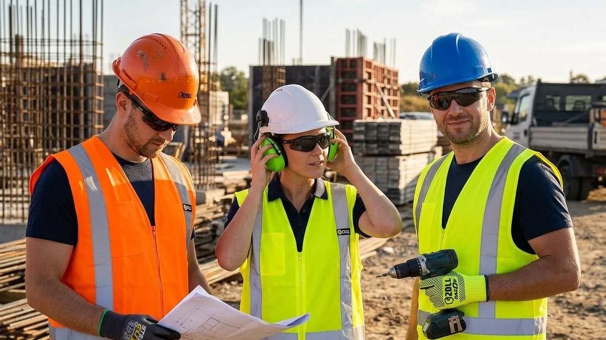 Trabajadores con casco, gafas y guantes ZOLL en obra