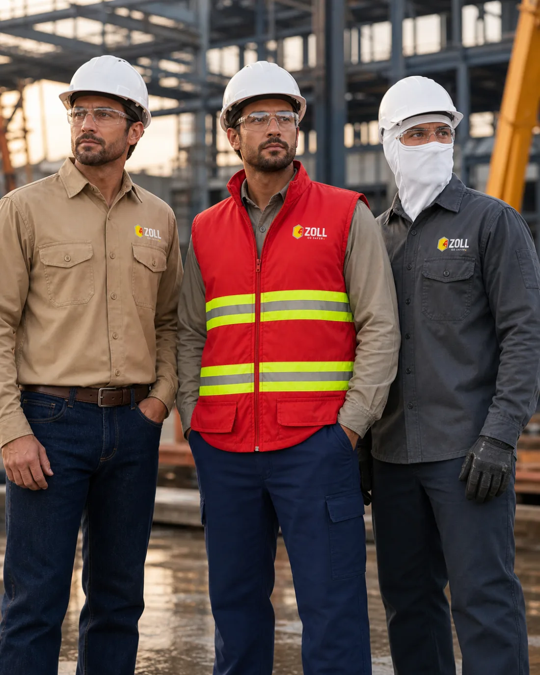 Tres operarios con dotación industrial marca ZOLL en obra